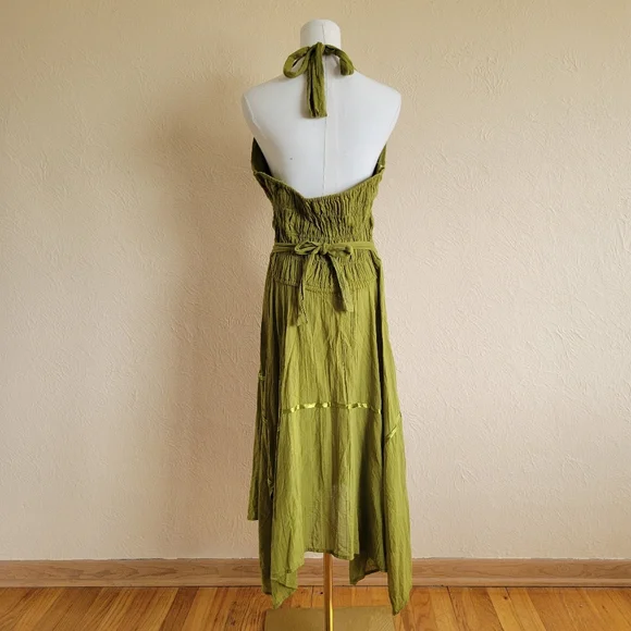 Vintage Embroidered Green Gauze Boho Halter Dress - Picture 5 of 8